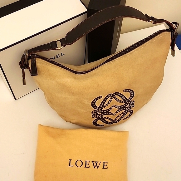 SOLD Rare! LOEWE Anagram Saddle Bag Shoulder Hand Bag Leather Suede Beige Brown - Picture 16 of 16